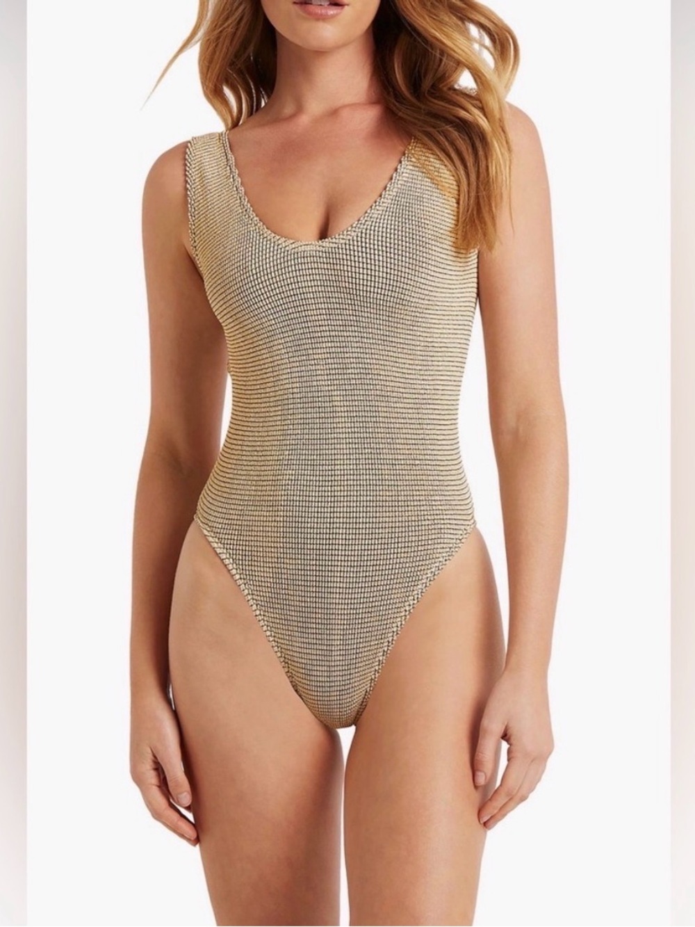 Bond-Eye Mara Metallic Crinkle One Piece Swimsuit Gold One Size designer summer